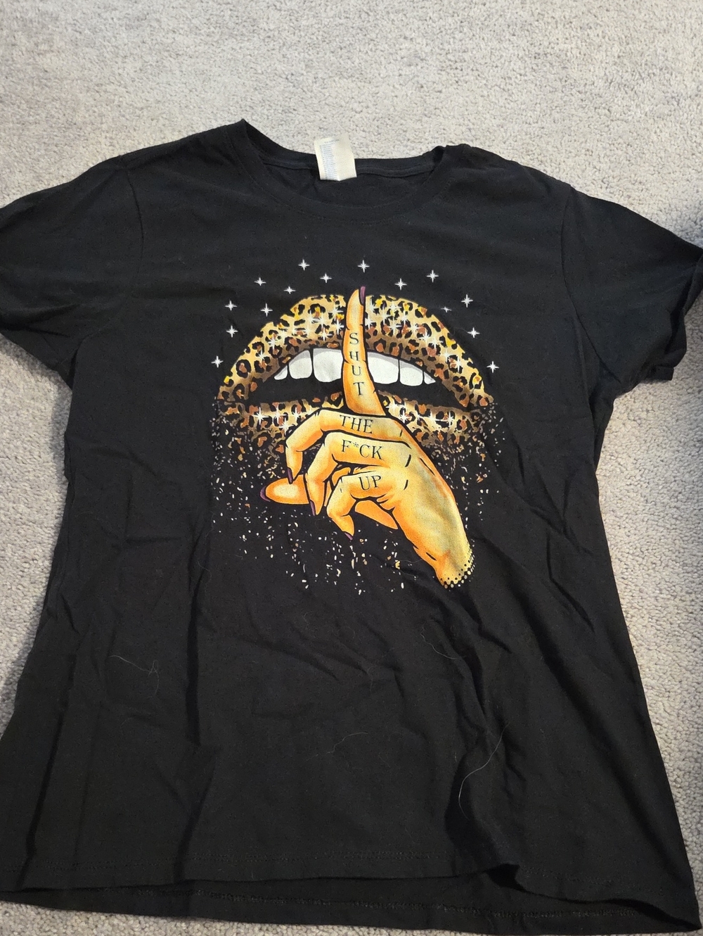 Black Graphic Tee with Leopard Lips & Shh Hand - Women